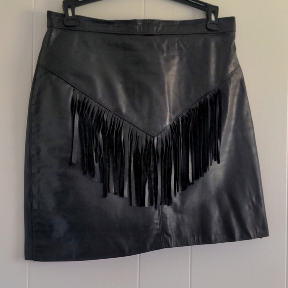 Fringed faux-leather biker black mini skirt, size 6 - Picture 1 of 6